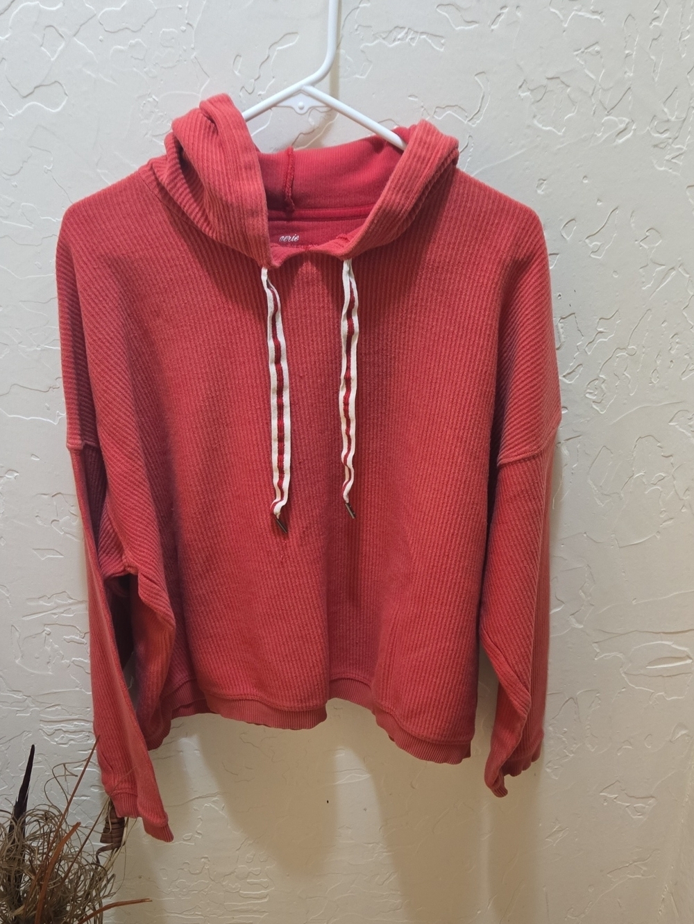 aerie Coral Ribbed Hooded Pullover